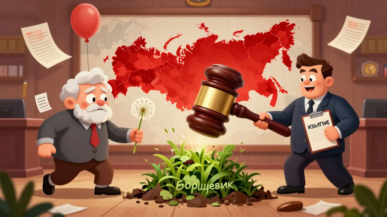 Судебный процесс: судья с бульдозером разрушает борщевик, пенсионер держит одуванчик, а чиновник — бумаги.