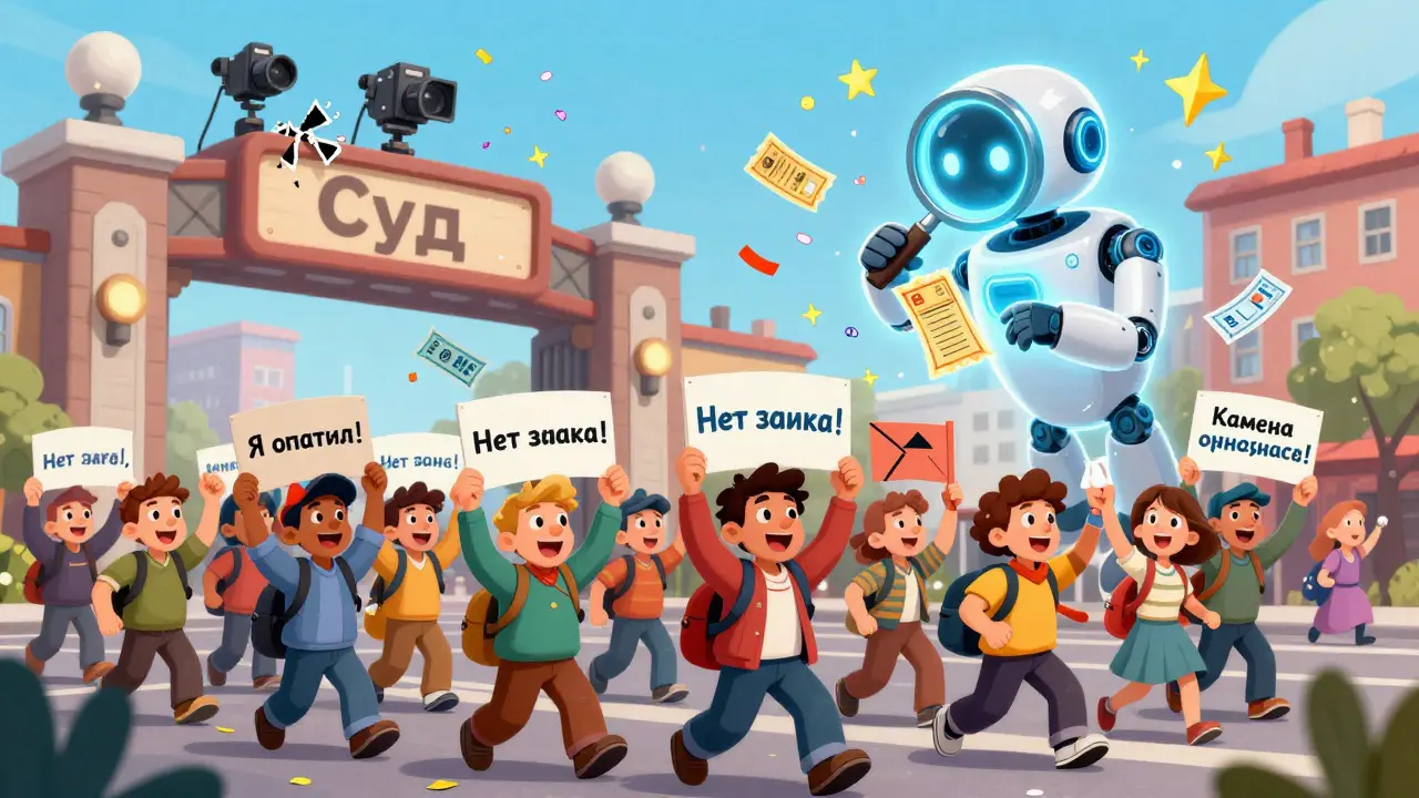 Толпа москвичей марширует к суду с плакатами, за ними разрушаются камеры и падают штрафы, над ними — робот 2025 года.