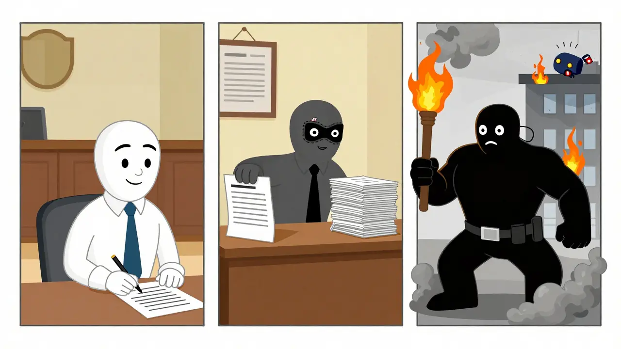 Три типа рейдеров: юрист, мошенник и вандал — в стиле резиновой анимации.