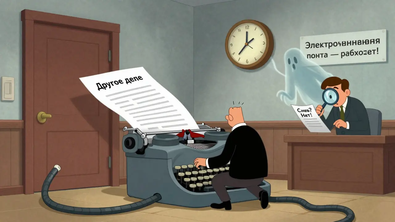 Юрист пытается пройти мимо документа 'Другое дело', судья с лупой проверяет связь, часы с резиновыми стрелками.