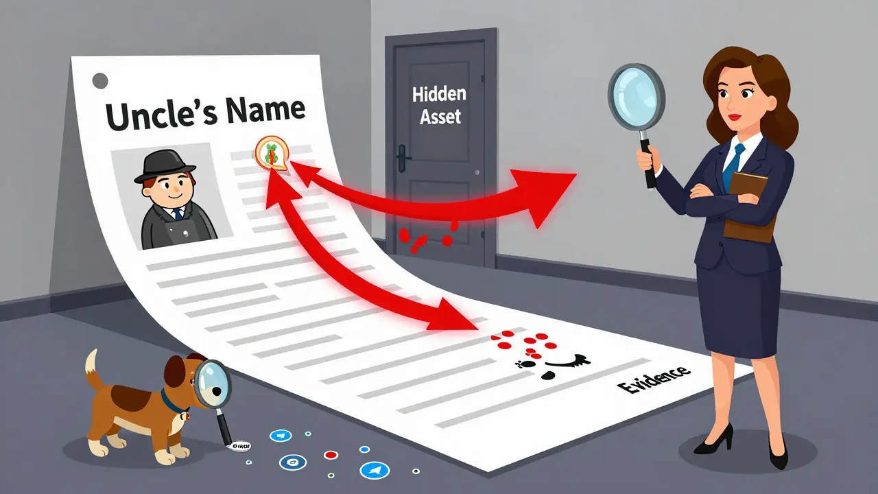 Юрист с лупой исследует банковскую выписку, где деньги исчезают в кармане и уходят в Казахстан, за ними следят цифровые следы.