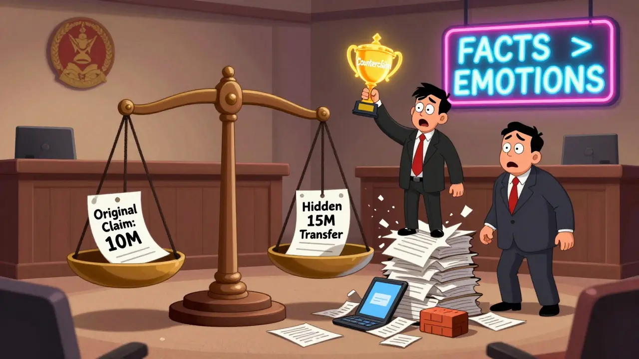 В суде весы наклоняются под тяжестью скрытых активов, ответчик держит трофей встречного иска, истец в шоке.