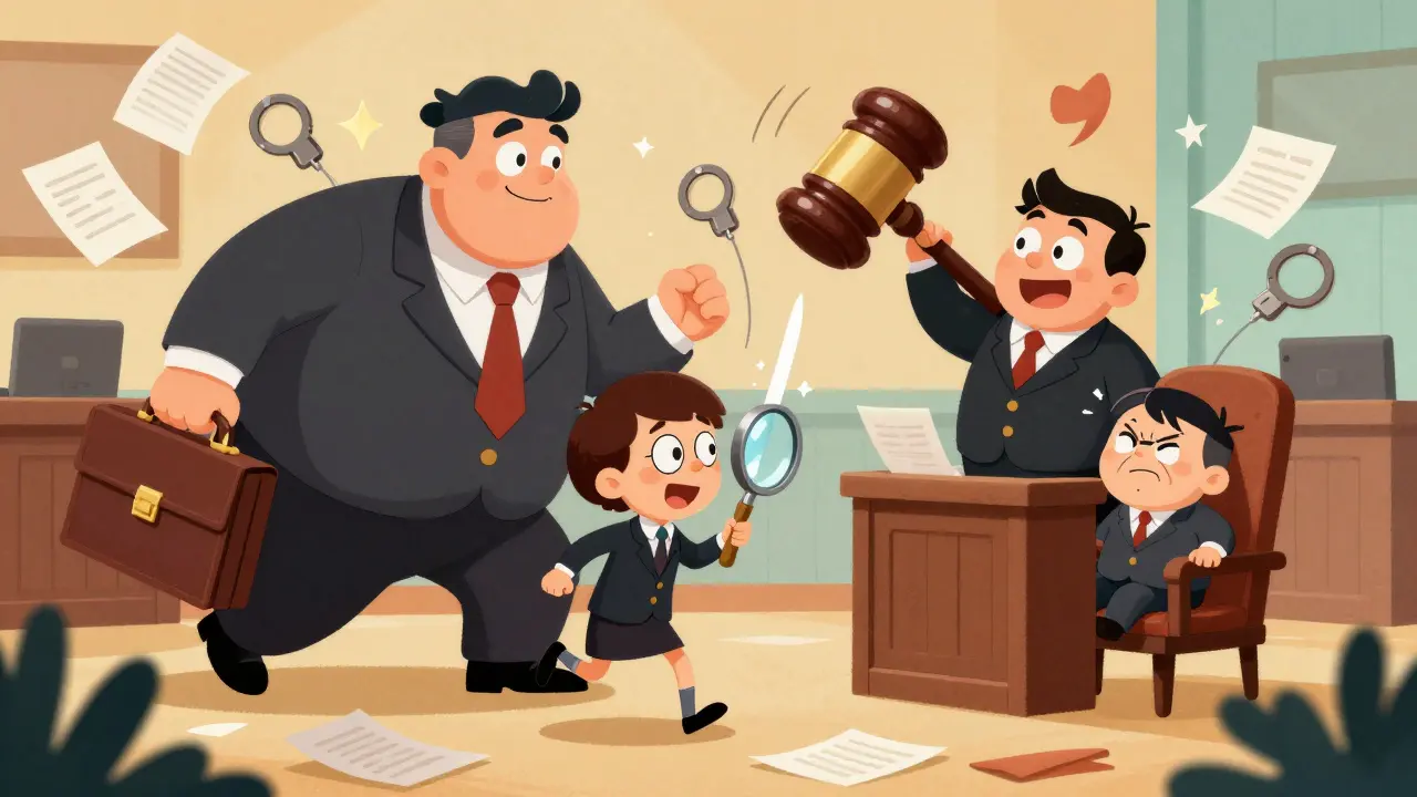 Безумный суд с растягивающимися адвокатом, прокурором и судьёй в мультяшном стиле.