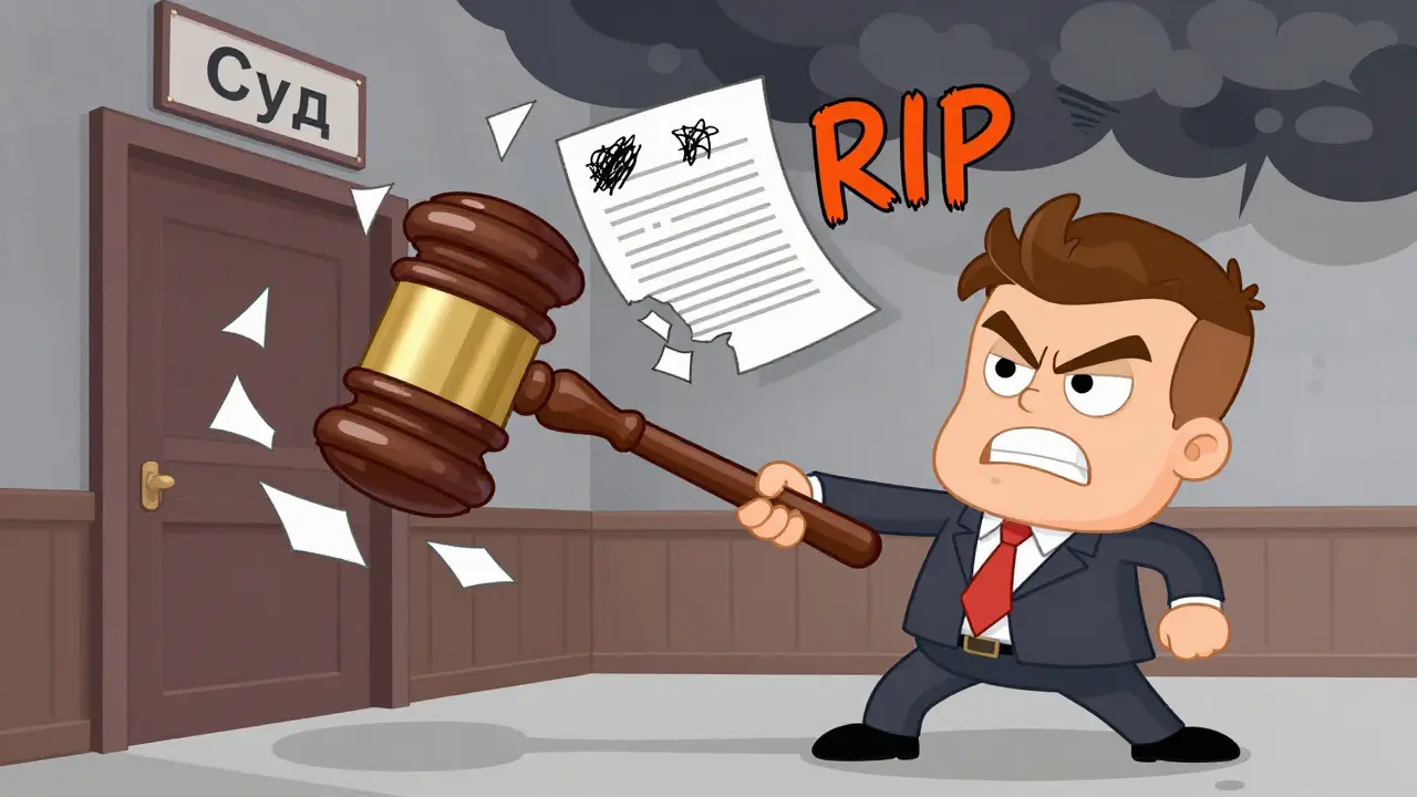 Человек тащится к суду под дубинкой, а договор рвется на части.