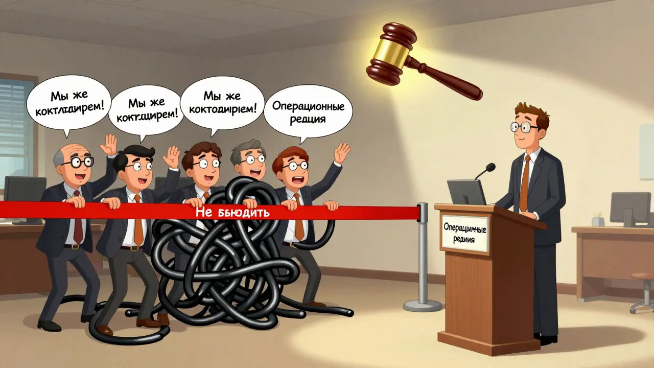 Директор стоит за красной линией, а совет директоров с запутанными конечностями пытается перешагнуть её, символизируя разделение полномочий.