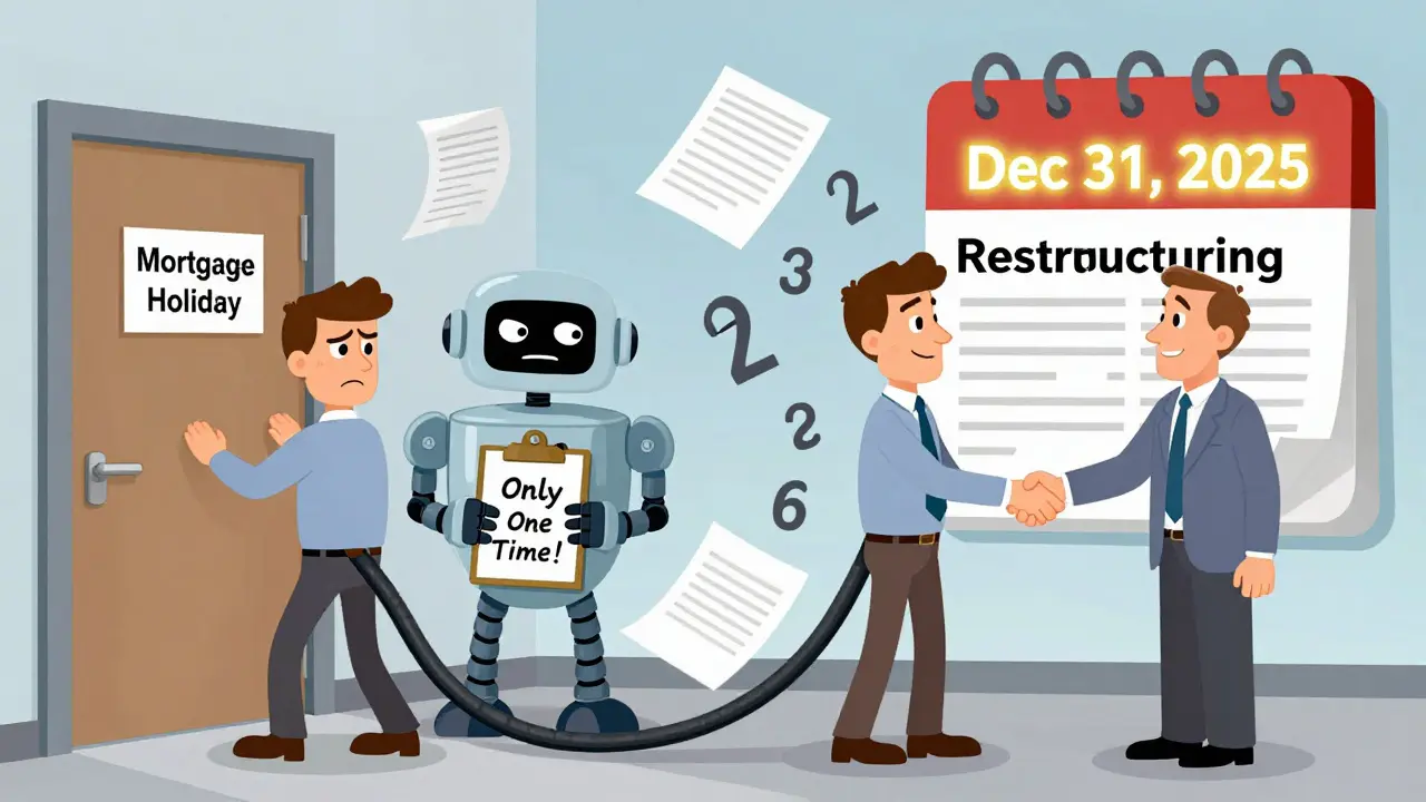 Два пути: ипотечные каникулы и реструктуризация, изображённые как сцены в мультяшном стиле.