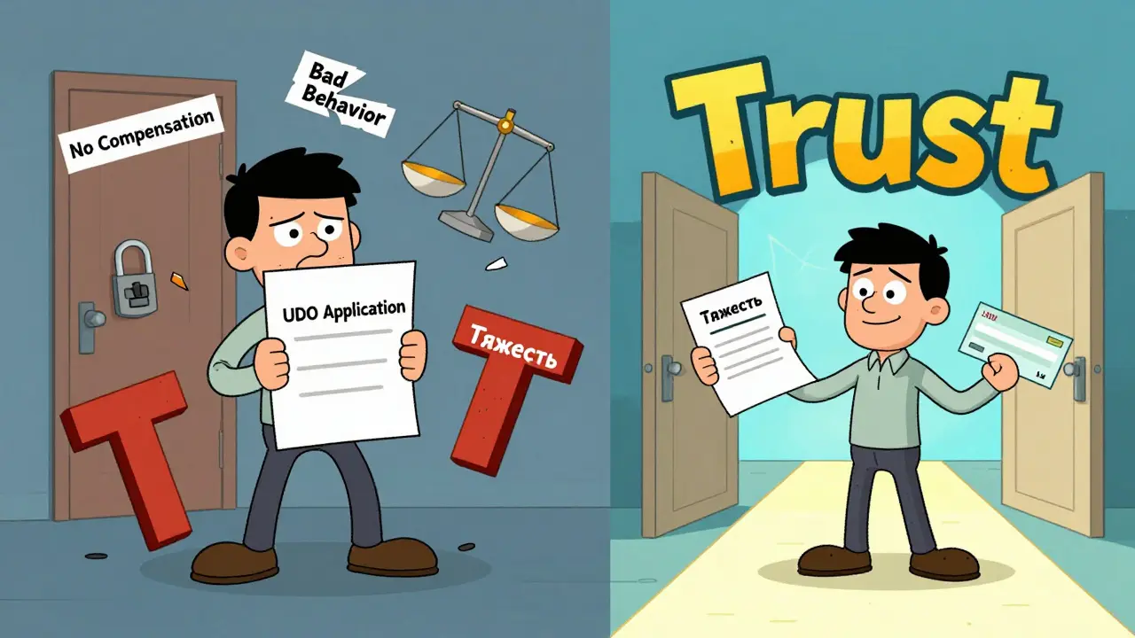 Два сценария УДО: слева — отказ из-за отсутствия компенсации и плохого поведения, справа — успех через трудоустройство и признание вины.