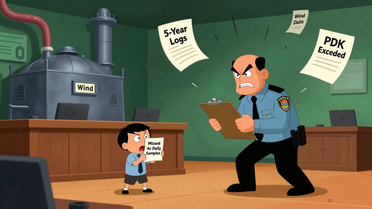 Фабрика на суде с документами и контролёром, показывающим нарушения.