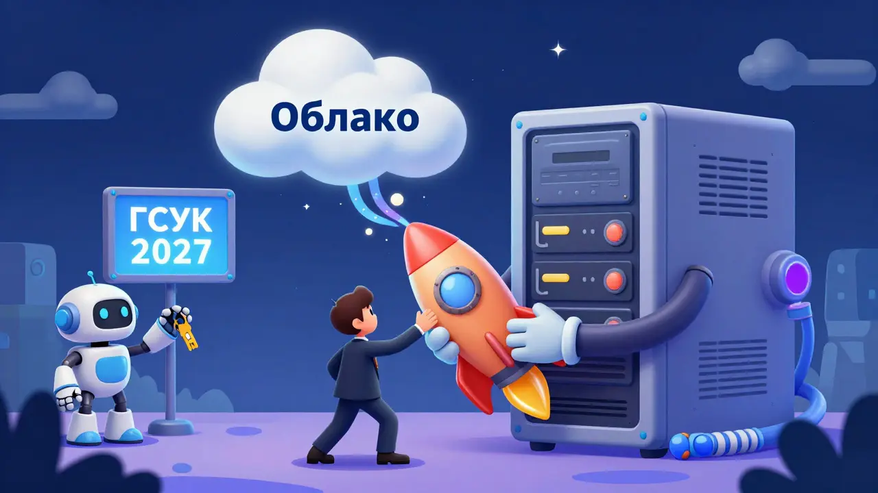 Физический ключ на ракете передает данные в облако через прокси-сервер, символизируя гибридную защиту.