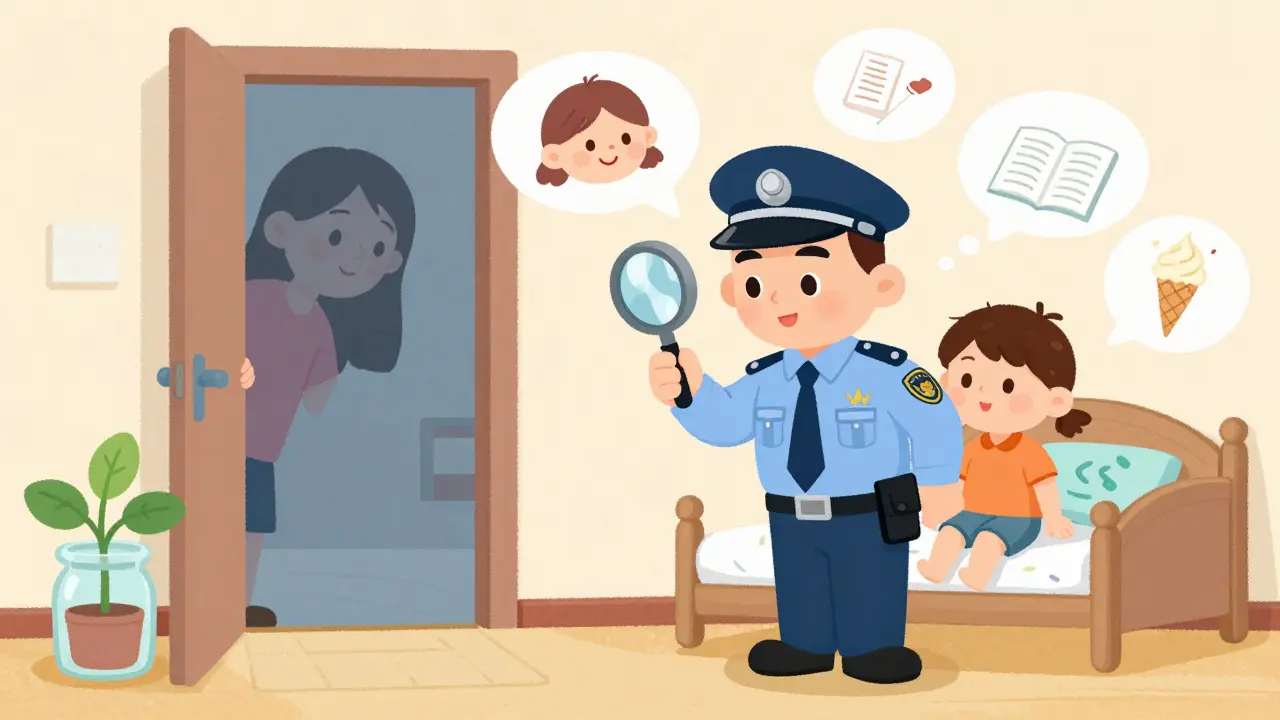 Инспектор опеки осматривает детскую комнату с рисунками и растением, родитель нервно наблюдает, в мыслях — счастливые моменты.