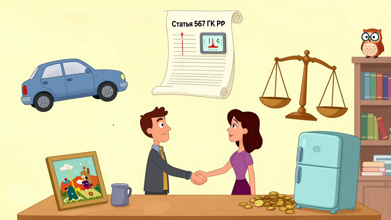 Люди обменивают машину, картину и монеты за столом, над ними — юридический свиток, а весы показывают неравный обмен.