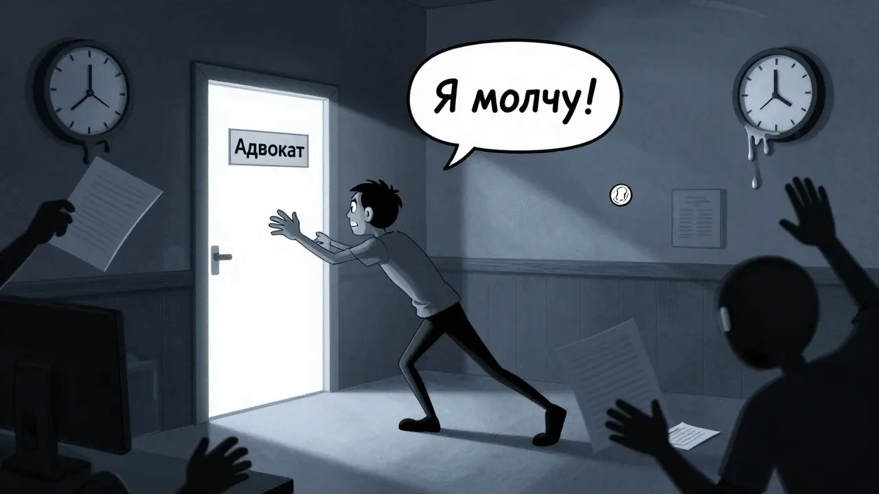Обвиняемый тянется к адвокату, пока следователь давит на него бумагами в мультяшной сцене.