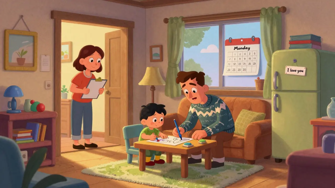 Отец помогает ребенку рисовать, мать смотрит с двери, в комнате — игрушки, книги и календарь, символизирующий совместное воспитание.