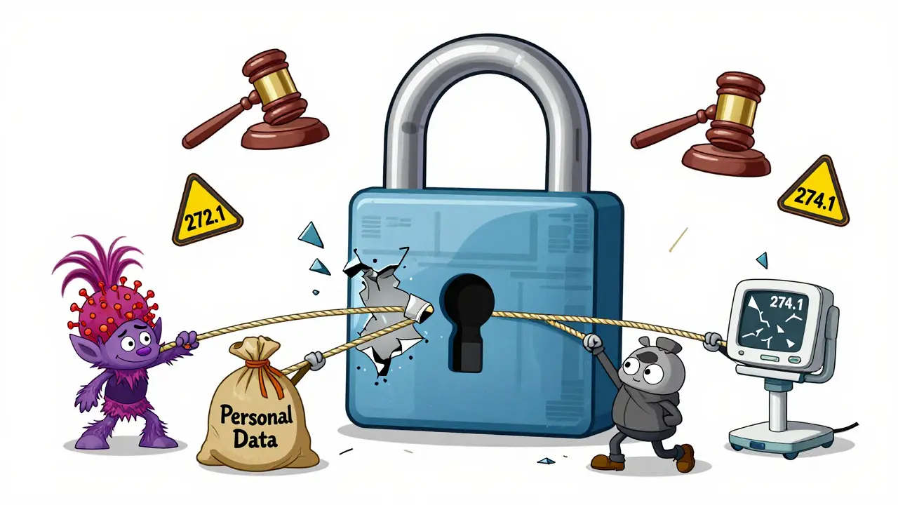 Пять законов против киберпреступлений вместе разрушают цифровый замок, символизируя защиту данных.