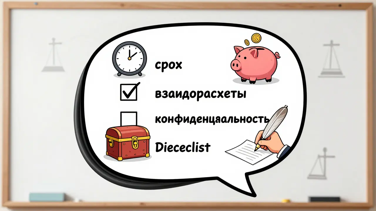 Плавающий чек-лист с забавными предметами, символизирующими условия расторжения.