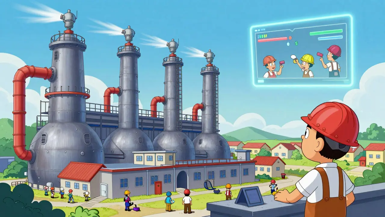 Промышленное предприятие с датчиками воздуха и графиками в пригороде.