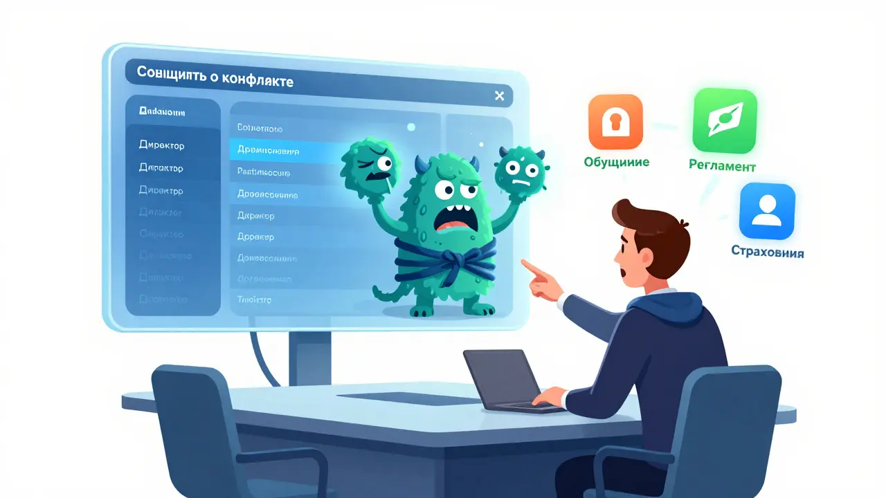 Прозрачная цифровая панель с фиксацией решений, где директор и совет разрешают конфликт под наблюдением медиатора.
