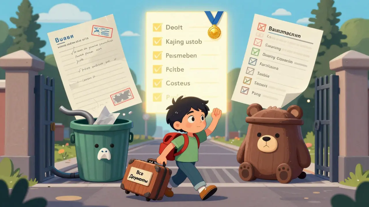 Ребенок проходит через границу с полным комплектом документов, неудачные бумаги падают в мусорку в виде медведя.