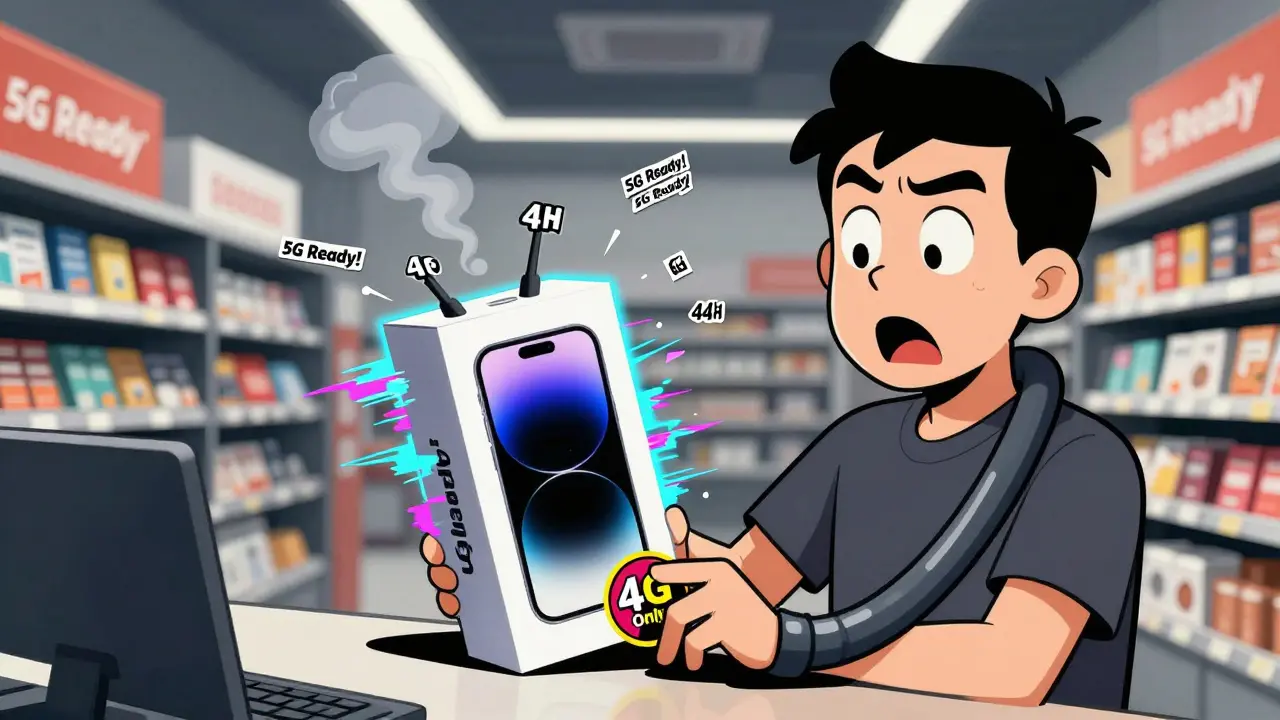 Смартфон с наклейкой '5G' на коробке, но внутри — антенны '4G', продавец прячет информацию.