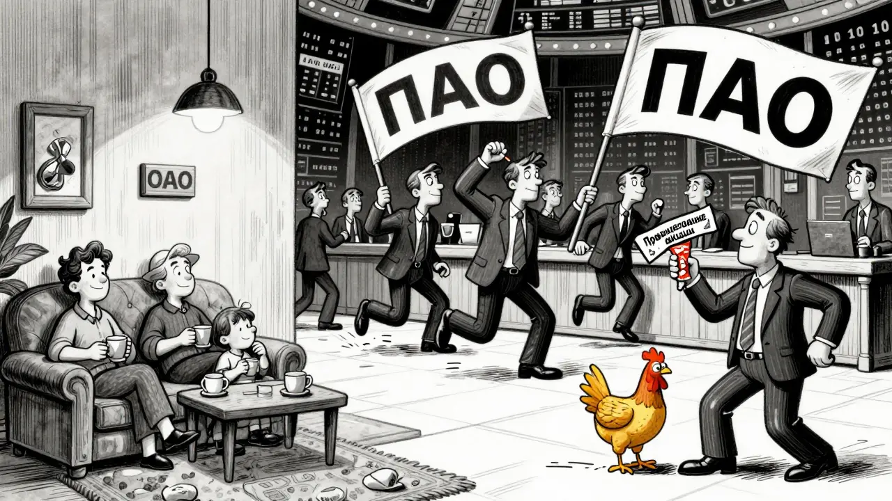 Сравнение: спокойная семья с ООО и оживленная биржа с ПАО в стиле мультфильма.