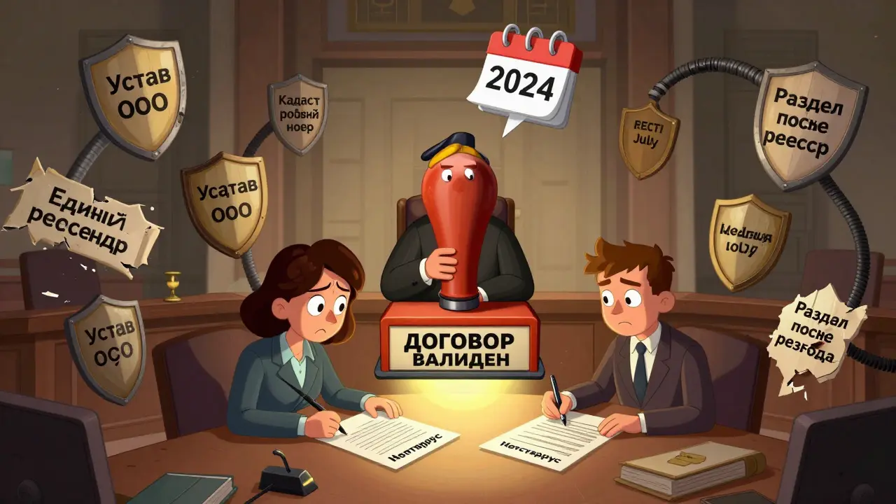 Судья одобряет договор под светом нотариуса, вокруг — щиты с реквизитами, календарь показывает июль 2024 года.