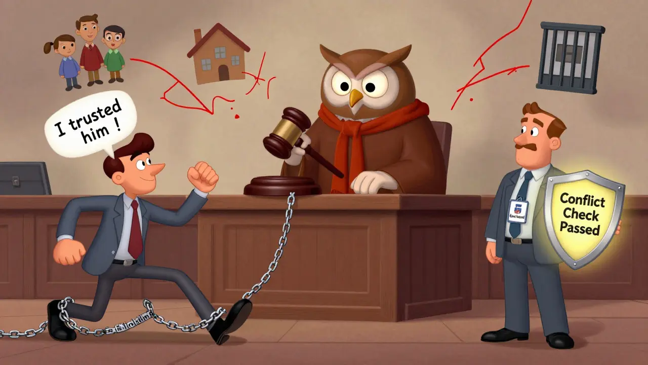 Судья-сова бьёт гавелом, а адвокат убегает, запутавшись в цепях нарушения этики, пока новый юрист входит с защитным щитом.