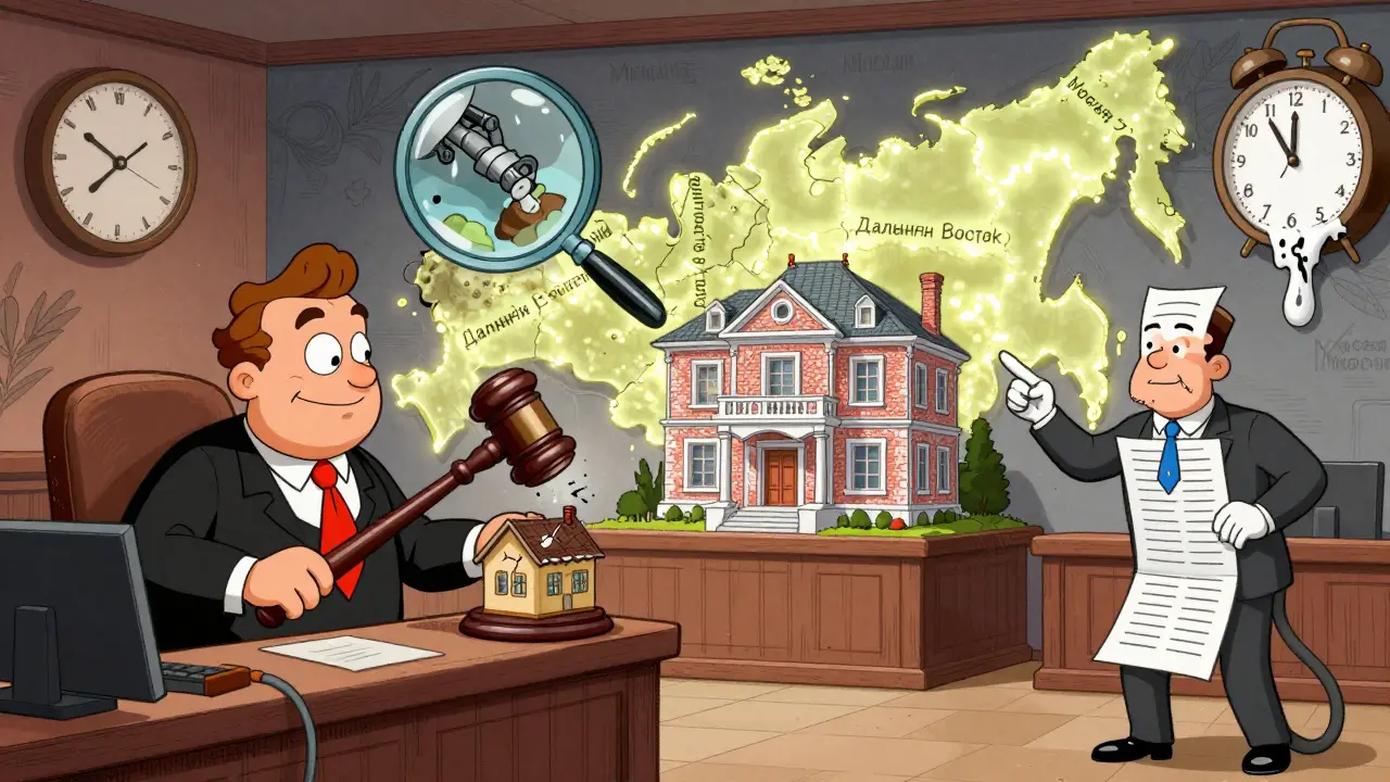 Судебный спор о несправедливом обмене жилья: один дом с трещинами, другой — сияющий, над головами — увеличительное стекло и плавающий QR-код.