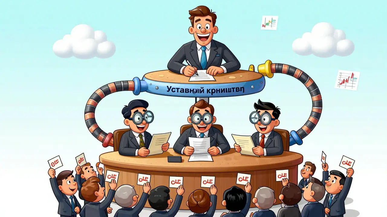 Трехуровневая корпоративная машина с акционерами, советом директоров и генеральным директором.