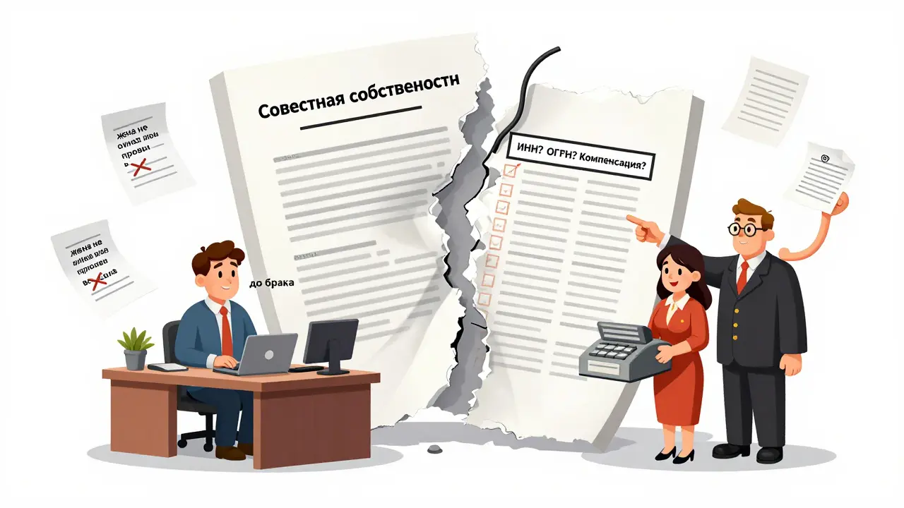 Юридический документ разделяет офис на две части: до и после брака, судья указывает на чек-лист с требованиями.