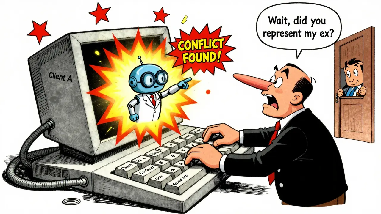 Юрист панически печатает на клавиатуре, из которой вырываются предупреждения о конфликте, а ИИ-робот показывает на экран.