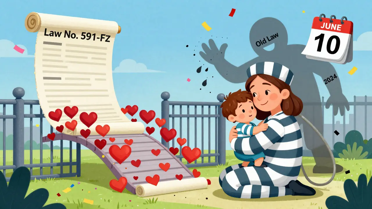 Женщина с ребенком в тюремной яслях, за ней — законопроект, превращающийся в мост к свободе, с календарем 10 июня 2024 года.