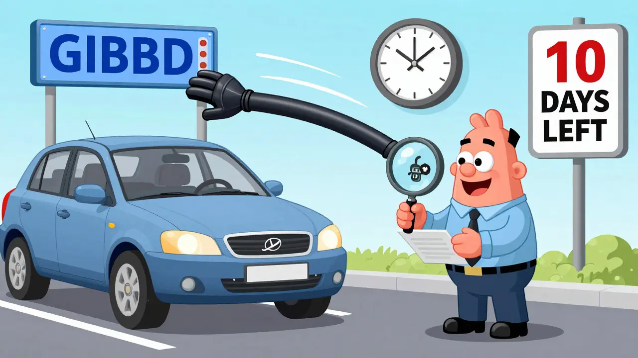 Автомобиль регистрируют в ГИБДД, инспектор проверяет номера, а на заднем плане виден тикающий часы с надписью '10 дней осталось'.