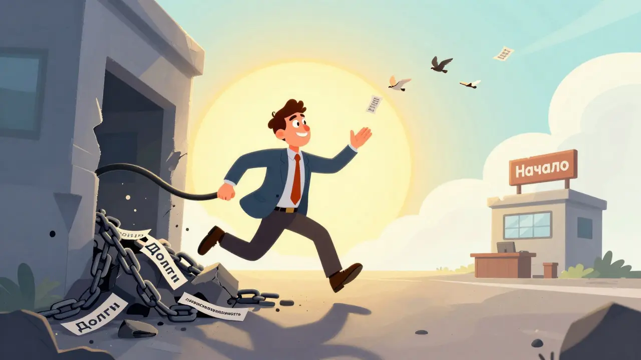 Бывший директор выходит из рушащейся компании к новому дню, оставляя долги позади.