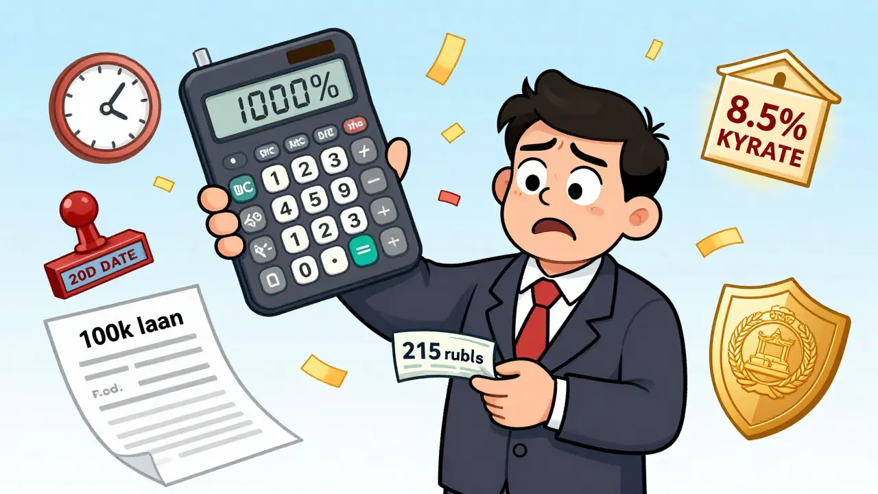Человек получает сниженный штраф 215 рублей вместо огромной суммы, рядом — ключевая ставка и часы.