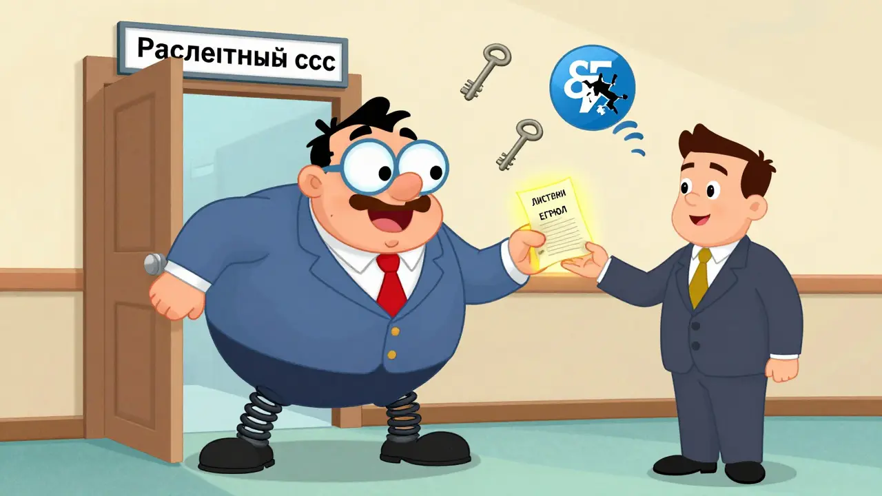 Директор пытается открыть дверь банка, держа лист записи ЕГРЮЛ, а банкир блокирует вход, вокруг — ключи и сломанный интернет-банк.