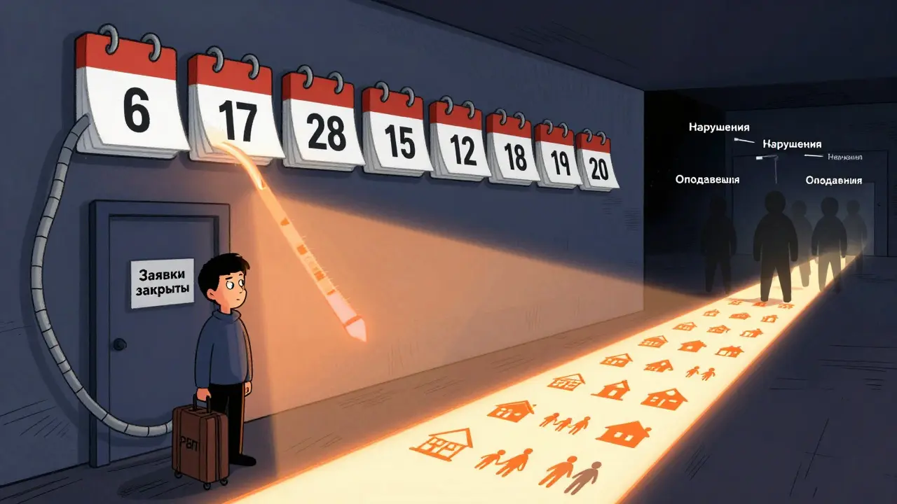 Календарь показывает, как квота исчерпывается, а мигрант стоит перед закрытой дверью, позади — путь к успеху и тени ошибок.