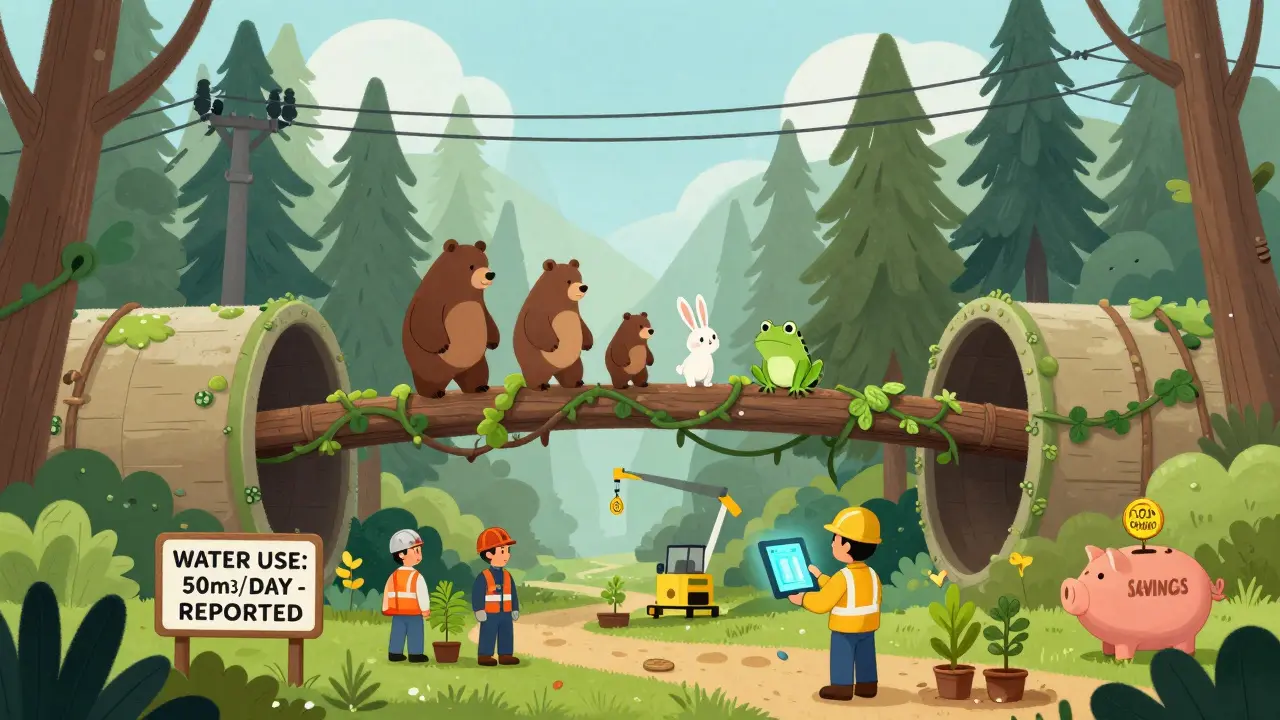 Лес с экодуками для животных, проходящими под линией электропередачи, рабочие сажают растения и следят за показаниями воды.