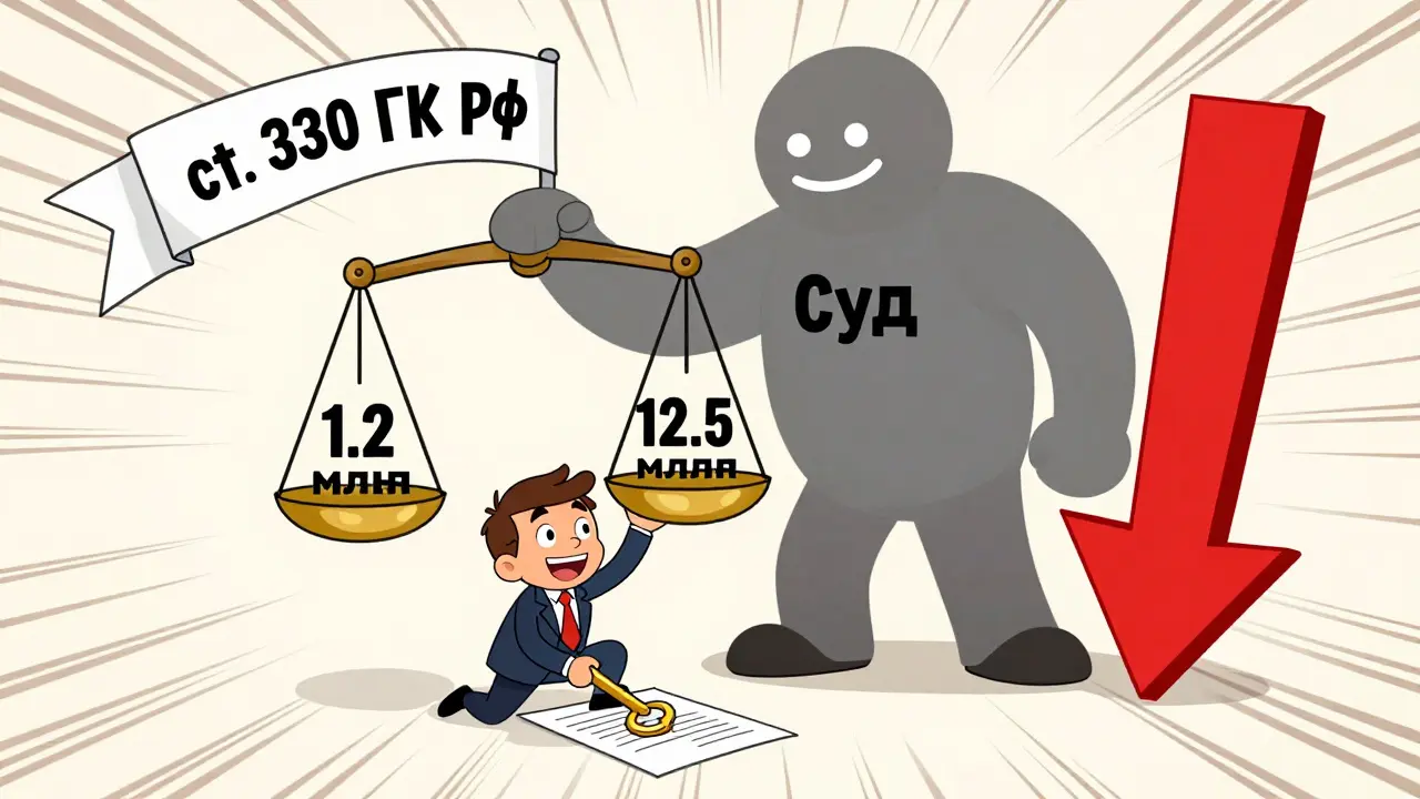 Маленький предприниматель подписывает договор с персонажем 'Неустойка', судья сравнивает суммы на весах.