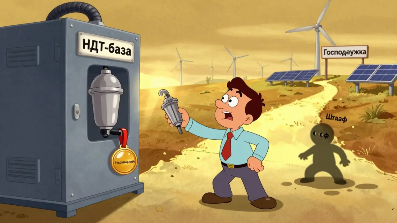 Малый бизнесмен получает золотой значок 'Рекомендовано' от машины НДТ, а фигура 'Штраф' исчезает в луже.