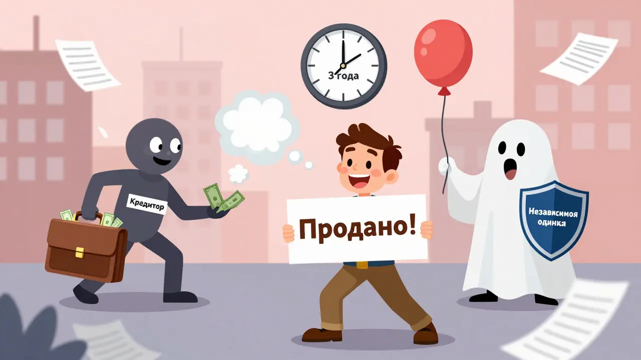Мужчина продает квартиру, над ним тикает часы до 3 лет, а кредитор пытается схватить деньги, но щиты нотариуса и оценки его останавливают.