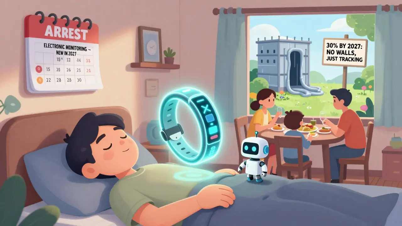 Мужчина спит с электронным браслетом, семья рядом, за окном тюрьма превращается в сад — новый вид наказания 2027 года.