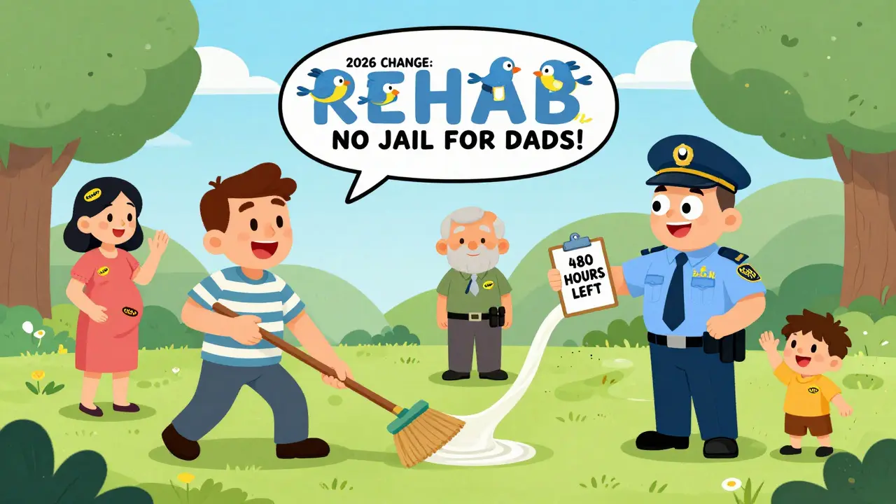 Мужчина убирает парк с резиновой метлой, рядом — освобожденные категории людей с наклейками 'ИСКЛЮЧЕНИЕ'.