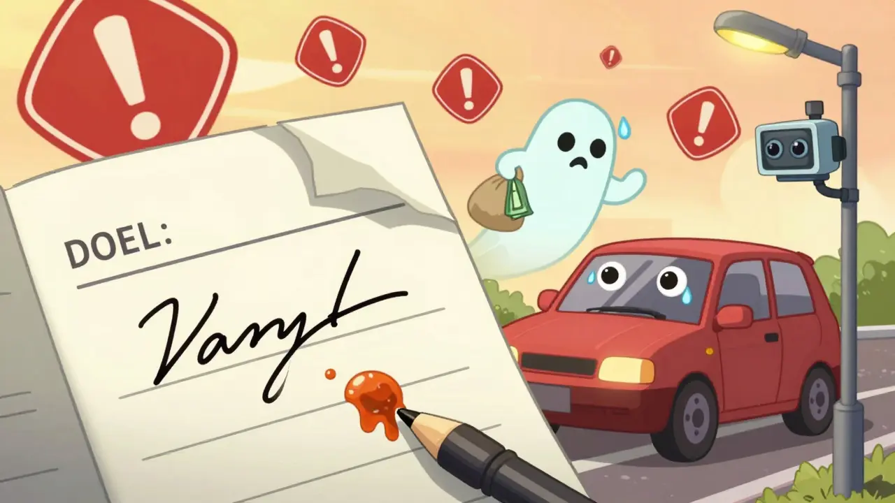 Порванный бланк ДТП с размазанной подписью, скрывающийся водитель с деньгами и предупреждающие знаки.