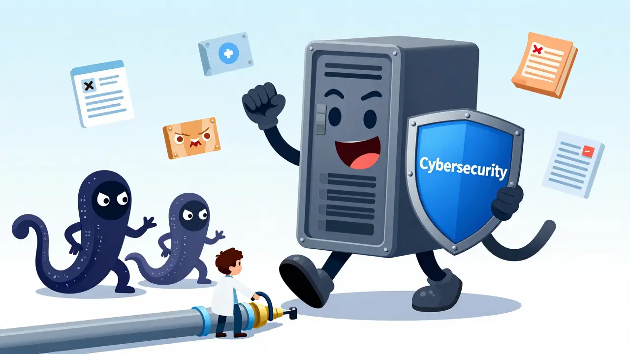 Сервер с руками и ногами защищается от хакерских щупалец, а человек пытается починить утечку данных.