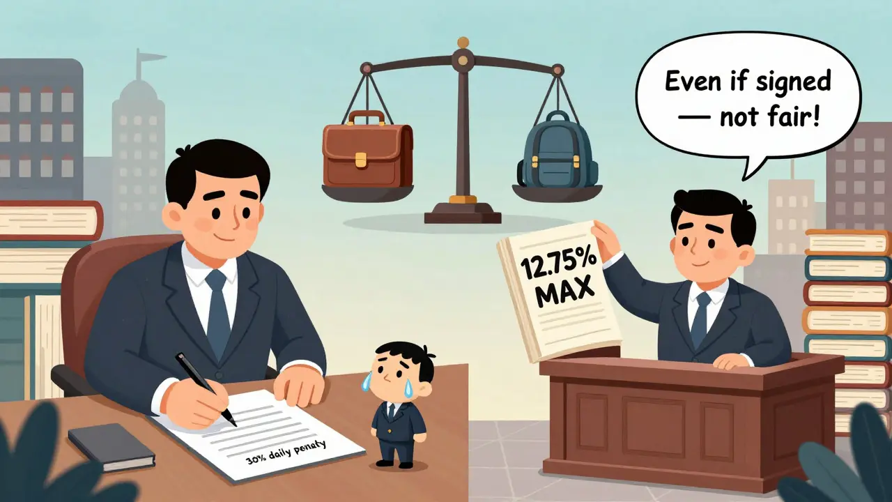 Сравнение: корпоративный договор с абсурдным штрафом слева и суд, снижающий его по закону справа.