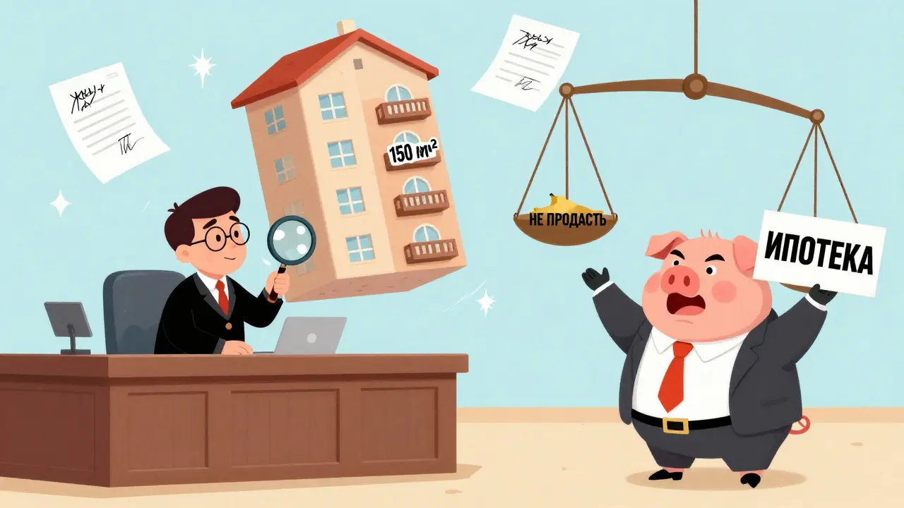 Судья с лупой смотрит на огромную квартиру, а кредитор-свинья держит табличку 'Ипотека' — весы показывают защиту жилья.