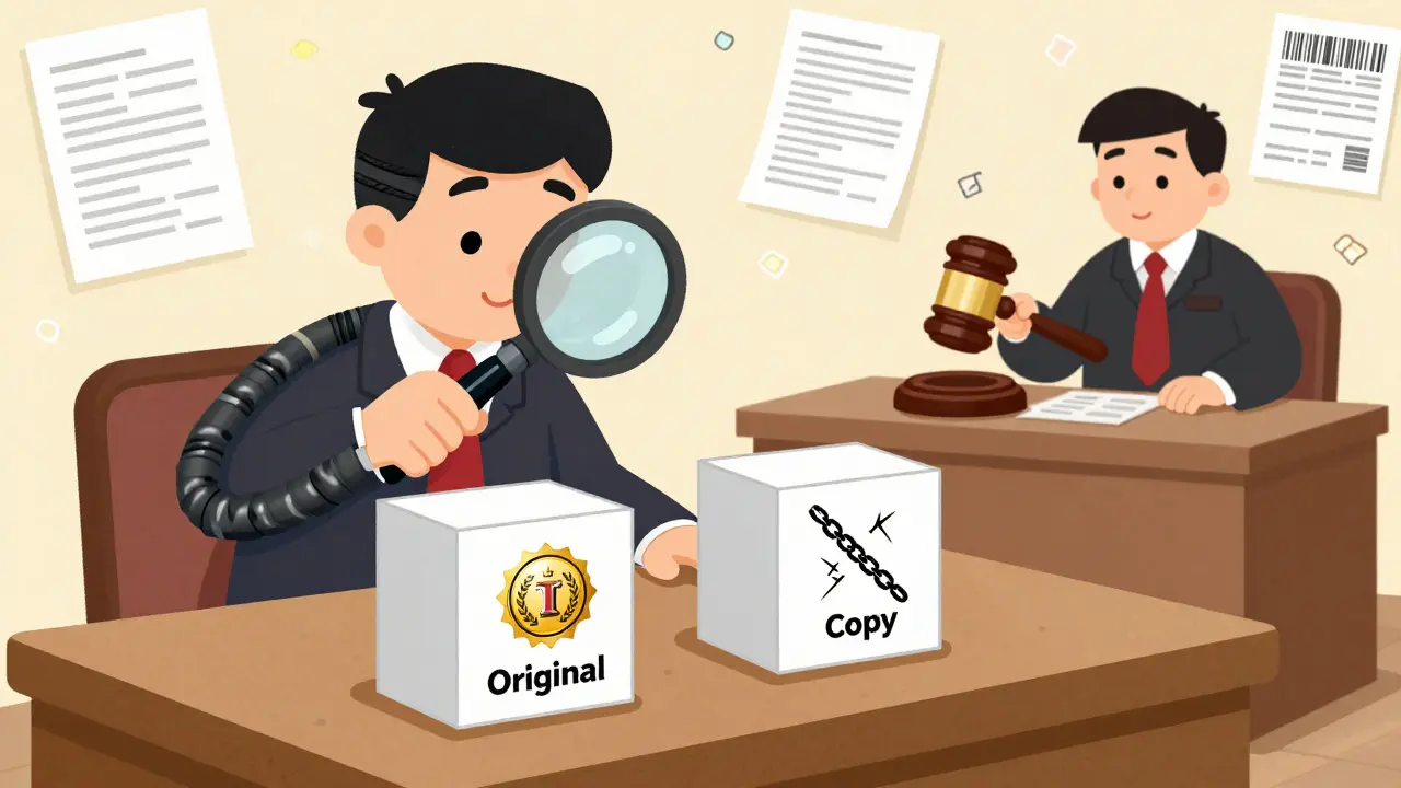 Юрист с резиновой лупой сравнивает оригинальную и скопированную упаковку в суде.