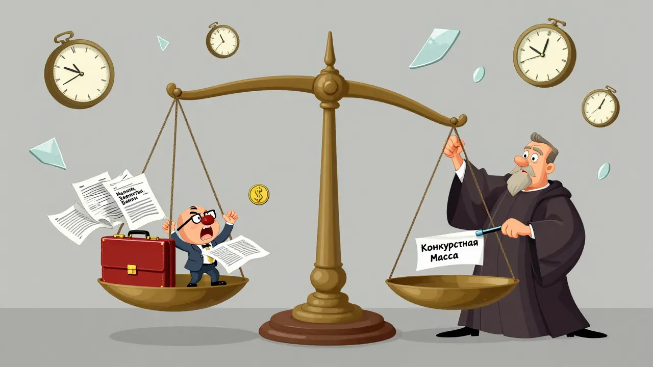 Весы балансируют между долгами и единственной монетой, а арбитр включает процедуру банкротства.