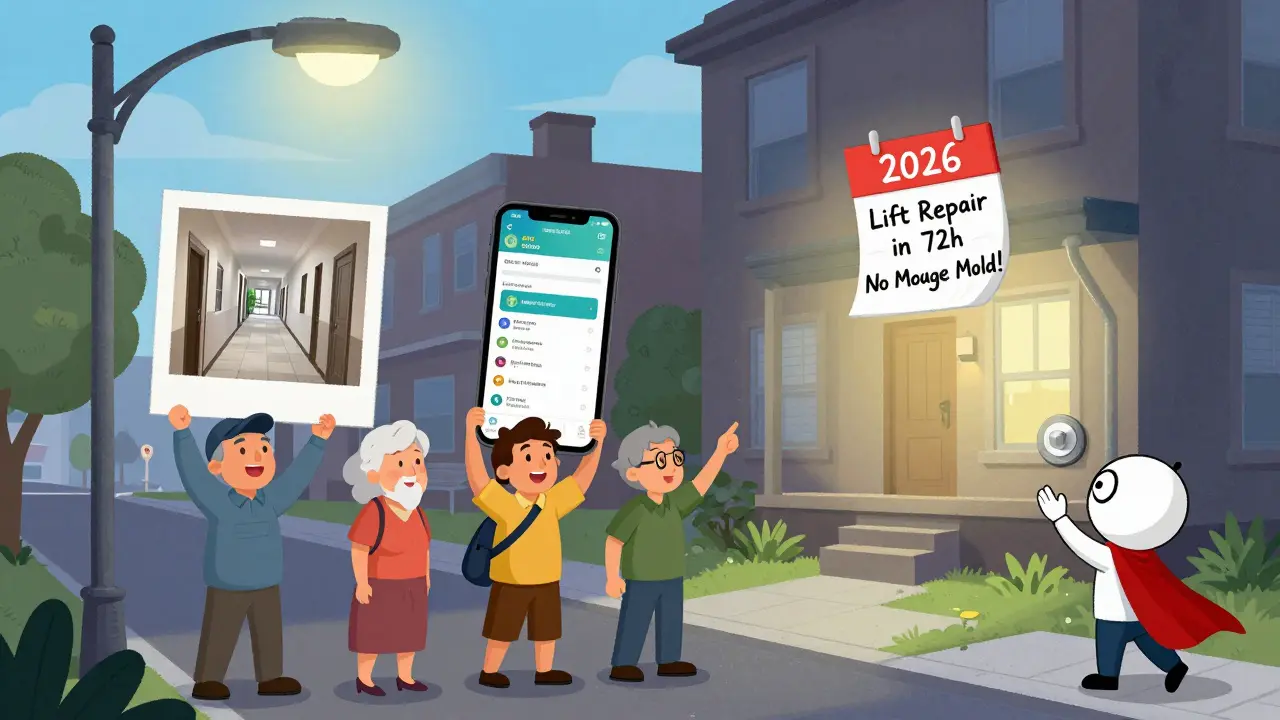 Жильцы на собрании голосуют за прозрачное управление, а активист включает свет в доме с надписью '2026: ремонт лифта за 72 часа'.