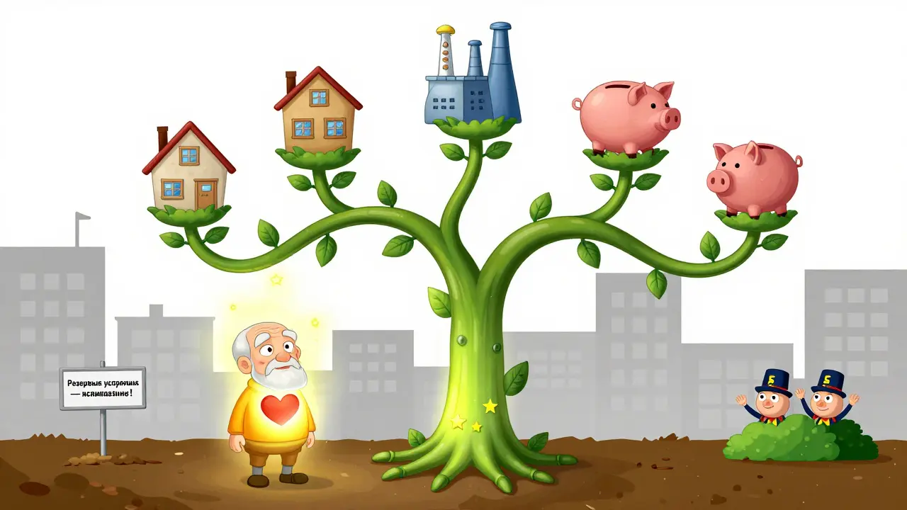 Живая семейная ветвь, поддерживаемая фундаментом наследственного фонда, с резервными управляющими на заднем плане.